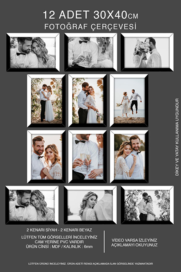 30X40 Mdf A3 12 Pieces Photo Frame - Black-White 2 Color Frame