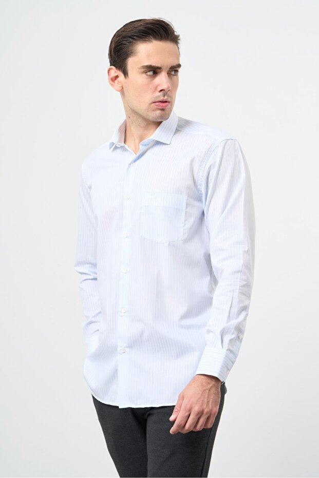 Men's White Long Sleeve Patterned Half Italian Collar Pocket Cotton Comfort Fit Shirt 1004245184