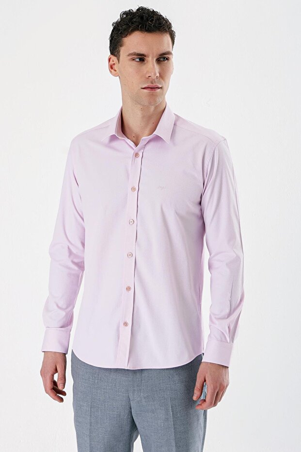 Men's Pink Long Sleeve Cotton Lycra Slim Fit Shirt 1004240193