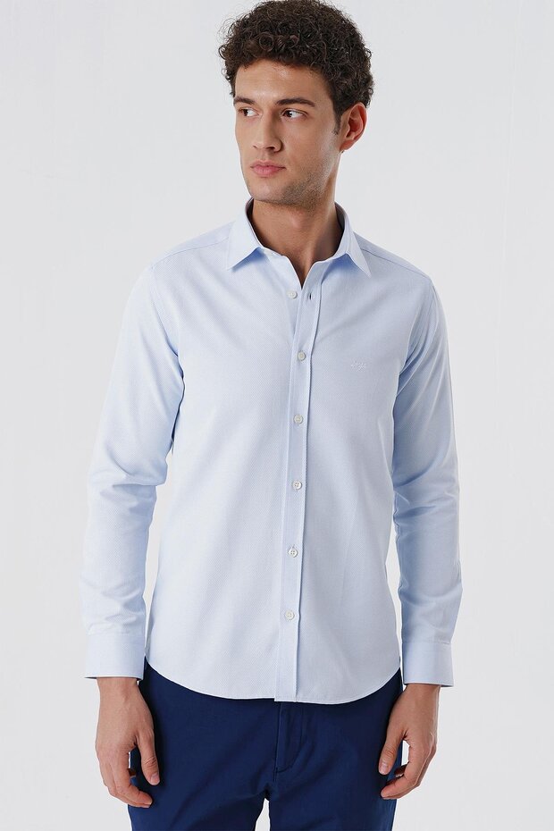 Men's Dark Blue Long Sleeve Cotton Lycra Slim Fit Shirt 1004240193