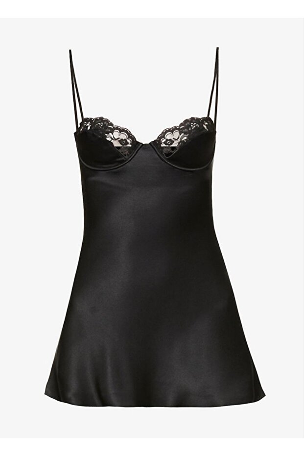 E D D E Black Satin Mini Elbise Gecelik - 2