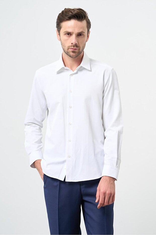 Men's White Long Sleeve Hard Collar Cotton Slim Fit Shirt 1004245267