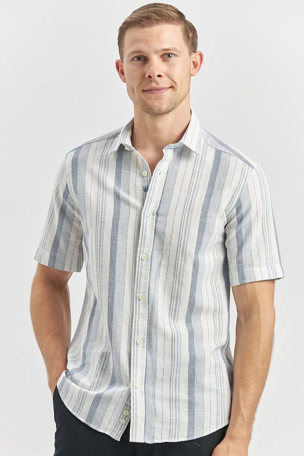 Navy Blue Short Sleeve Striped Dobby Cotton Casual Slim Fit Slim Fit Shirt 1004240243