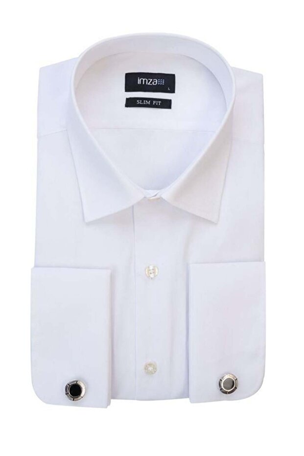 Men's White Long Sleeve Hard Collar Slim Fit Basic Shirt 1004225059