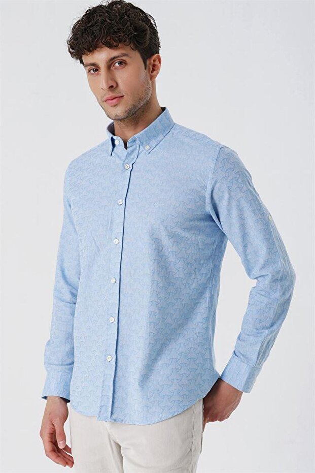 Men's Dark Blue Short Sleeve Patterned Jacquard 100% Cotton Slim Fit Shirt 1004230181