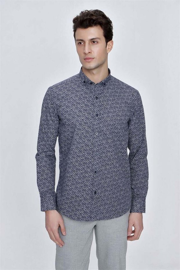 Navy Blue Long Sleeve Shirt Collar Classic Slim Fit Cotton Shirt 1004225223