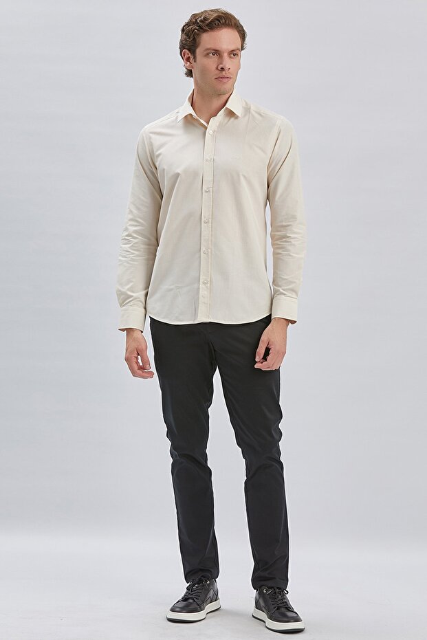 Men's Beige Long Sleeve Hard Collar Cotton Classic Slim Fit Shirt 1004240230
