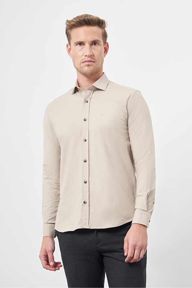 Beige Long Sleeve Plain Half Italian Collar Pocketless Cotton Classic Slim Fit Shirt 1004245211