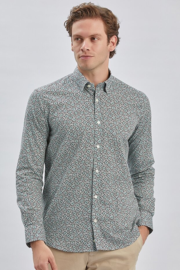 Men's Dark Green Long Sleeve Printed Buttoned Collar Cotton Classic Slim Fit Shirt 1004240215