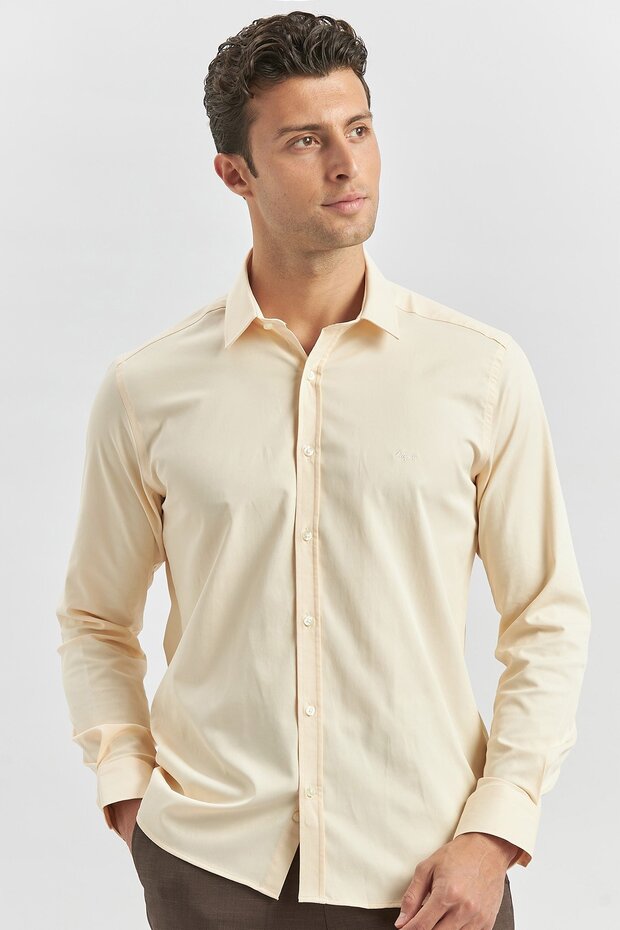 Men's Light Beige Long Sleeve Hard Collar Slim Fit Shirt 1004240334