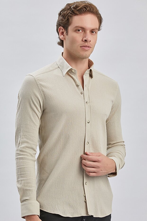 Beige Long Sleeve Ribbed Collar Cotton Lycra Casual Slim Fit Shirt 1004240232