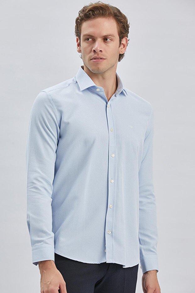 Blue long sleeve self patterned half italian collar classic s Slim Fit shirt 1004240250