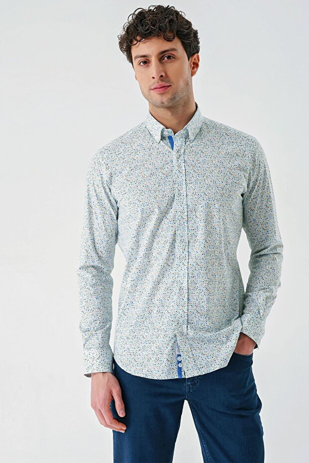 Men's White Long Sleeve Printed Hard Collar Cotton Lycra Classic Slim Fit Shirt 1004240143