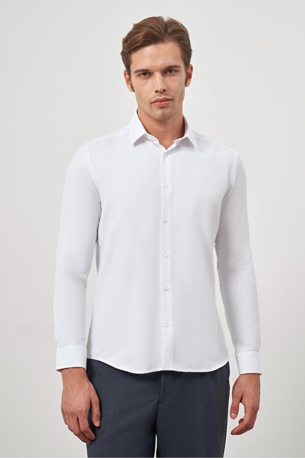 Men's White Long Sleeve Textured Hard Collar Slim Fit Shirt 1004245151