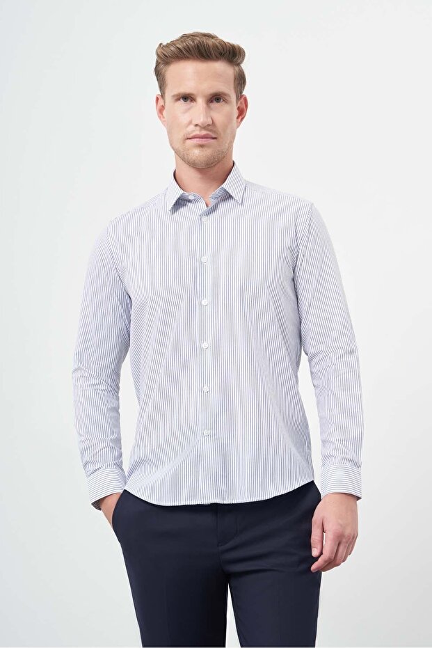 Men's White Long Sleeve Striped Pattern Oxford Hard Collar Cotton Slim Fit Shirt 1004245206