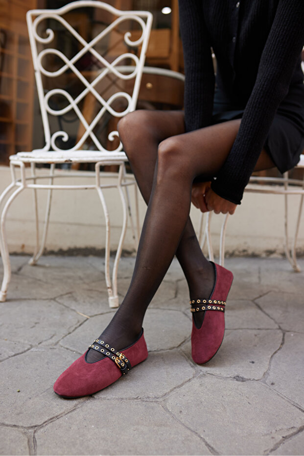 Wi̇nks Women's Claret Red Genuine Suede Ballet Flat