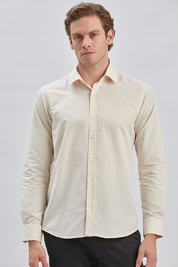 Beige Long Sleeve Pocketless Cotton Classic Slim Fit Shirt 1004240230