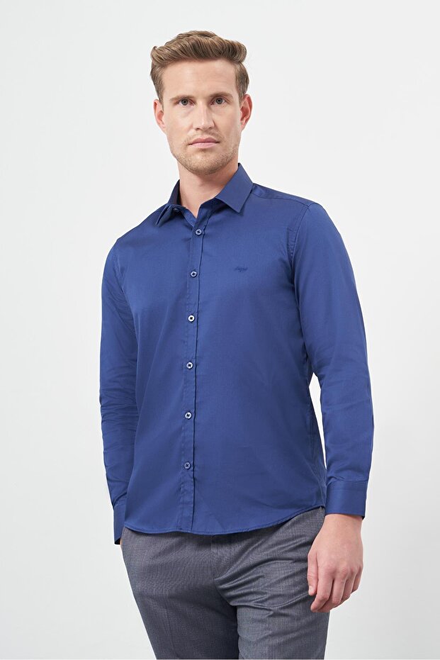 Men's Navy Blue Long Sleeve Hard Collar Slim Fit Shirt 1004245324