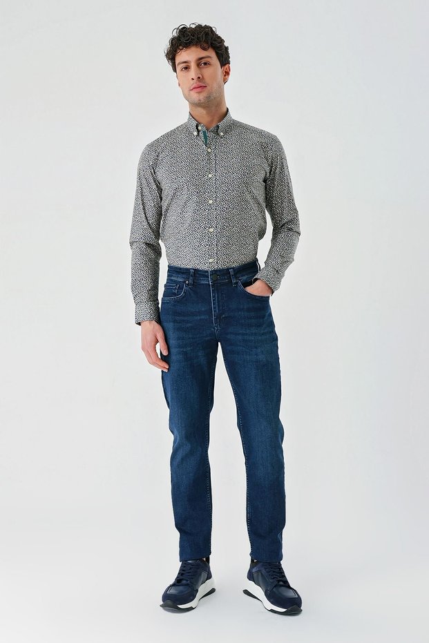 Navy Blue Gabardine Cotton 5-Pocket Slim Fit Slim Fit Casual Denim Trousers1023240152