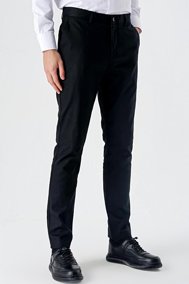 Men's Black Cotton Casual Slim Fit Chino Trousers with Side Pockets 1003240151