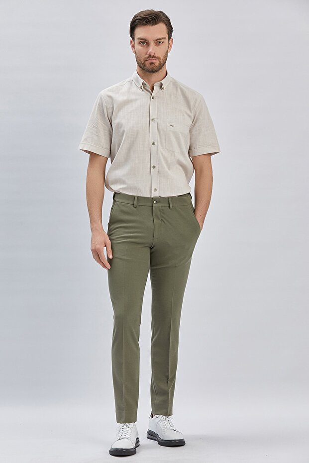 Men's Dark Khaki Slim Fit Trousers with Elastic Waist and Side Pockets 1003240162