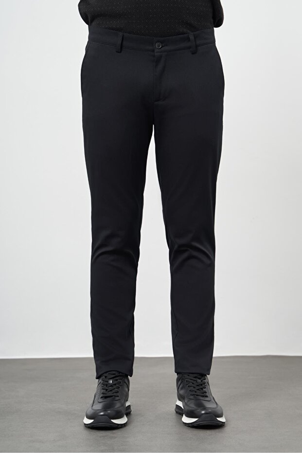 Men's Black Cotton Slim Fit Chino Trousers with Side Pockets 1003245150