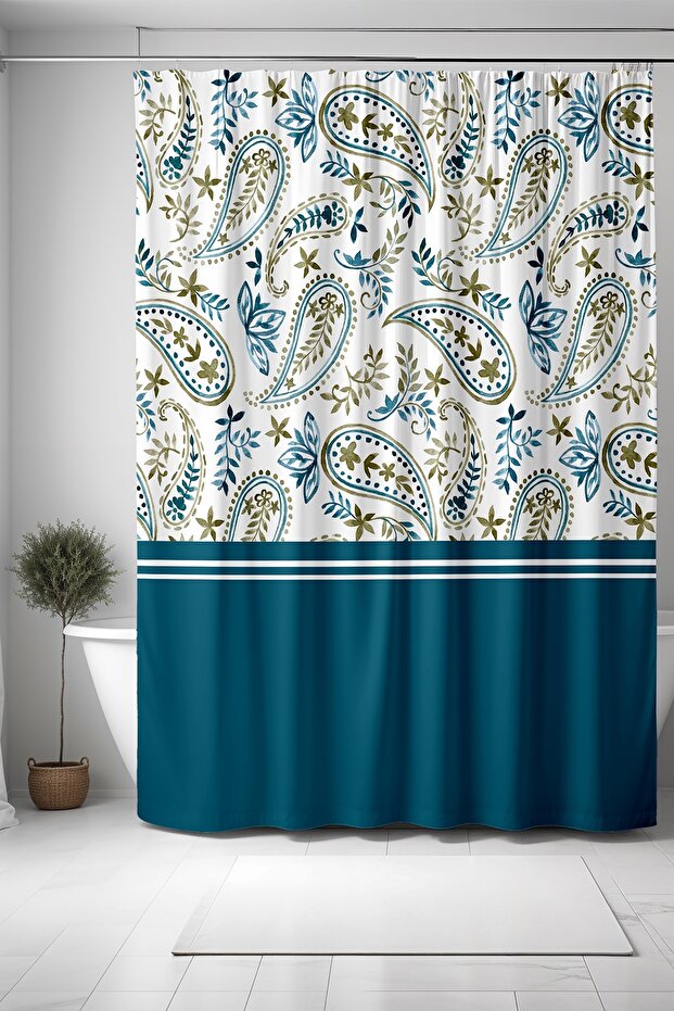 Bathroom Curtain, Navy Blue Green Water Drop Motif Patterned Shower Curtain, Bathtub Curtain 175X200Cm