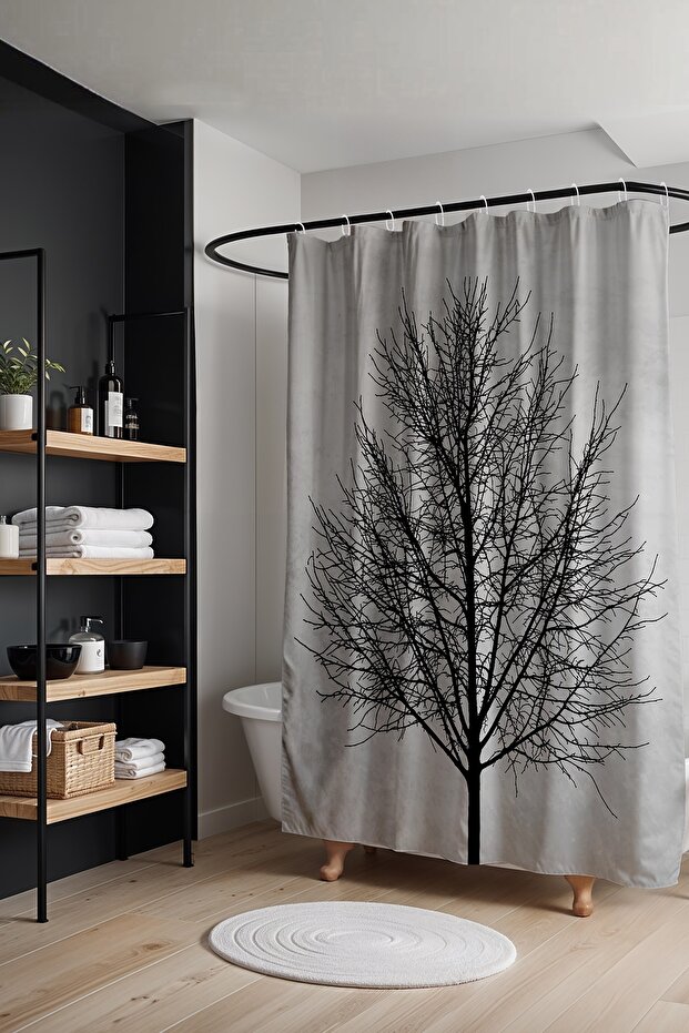 Bathroom Curtain, Black Tree Pattern Shower Curtain, Bathtub Curtain 175X200Cm