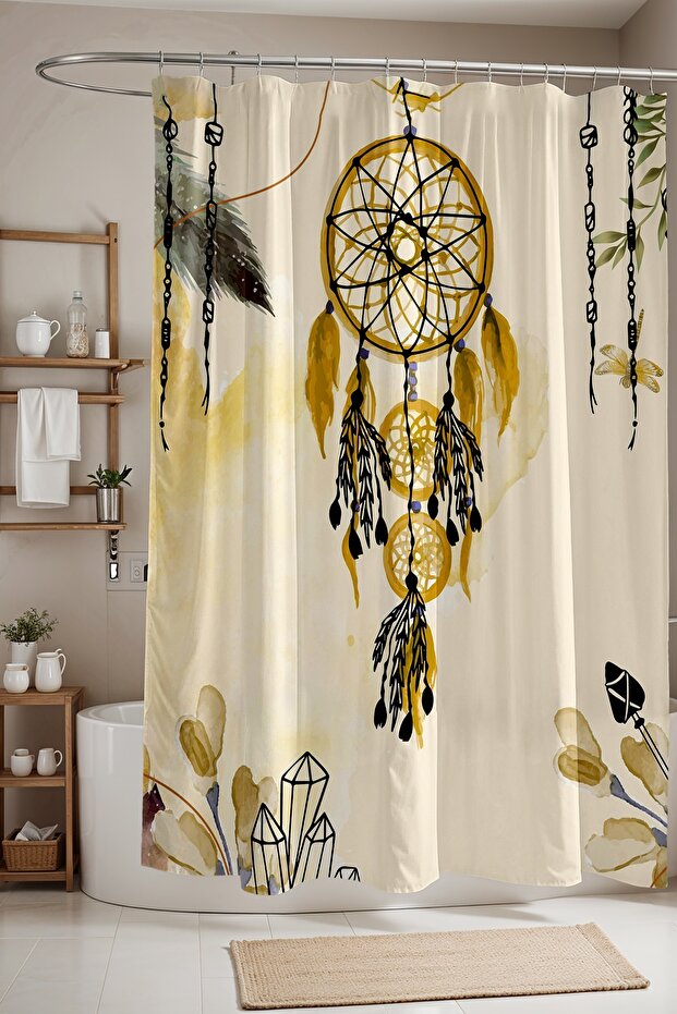 Bathroom Curtain, Yellow Bohemian Dream Catcher Pattern Shower Curtain, Bathtub Curtain 175X200Cm