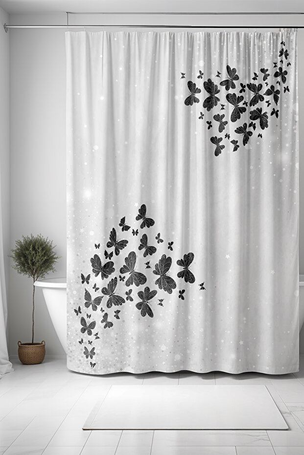 Bathroom Curtain, Black and White Flying Butterflies Pattern Shower Curtain, Bathtub Curtain 175X200Cm