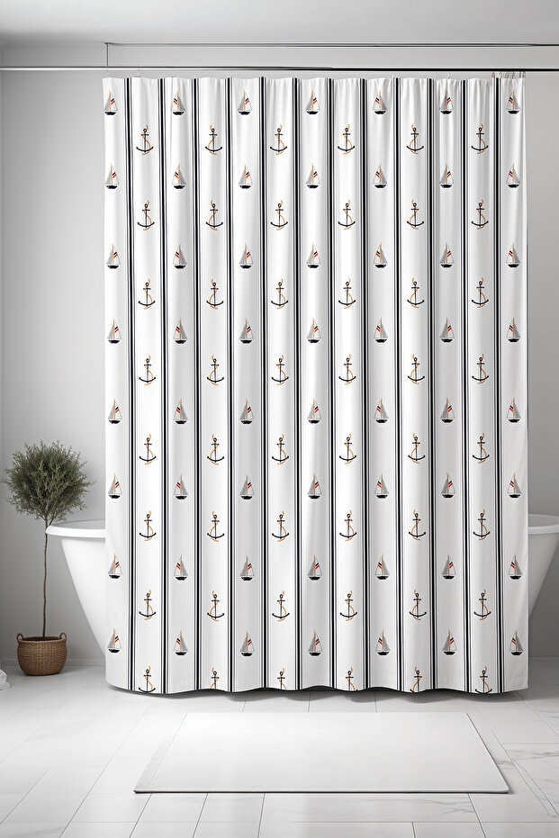 Bathroom Curtain, Small Sails and Sailor Anchor Patterned Shower Curtain, Bathtub Curtain 175X200Cm