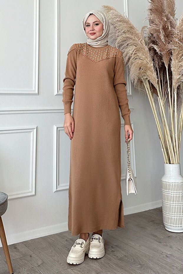 İncili Triko Elbise Camel - 1