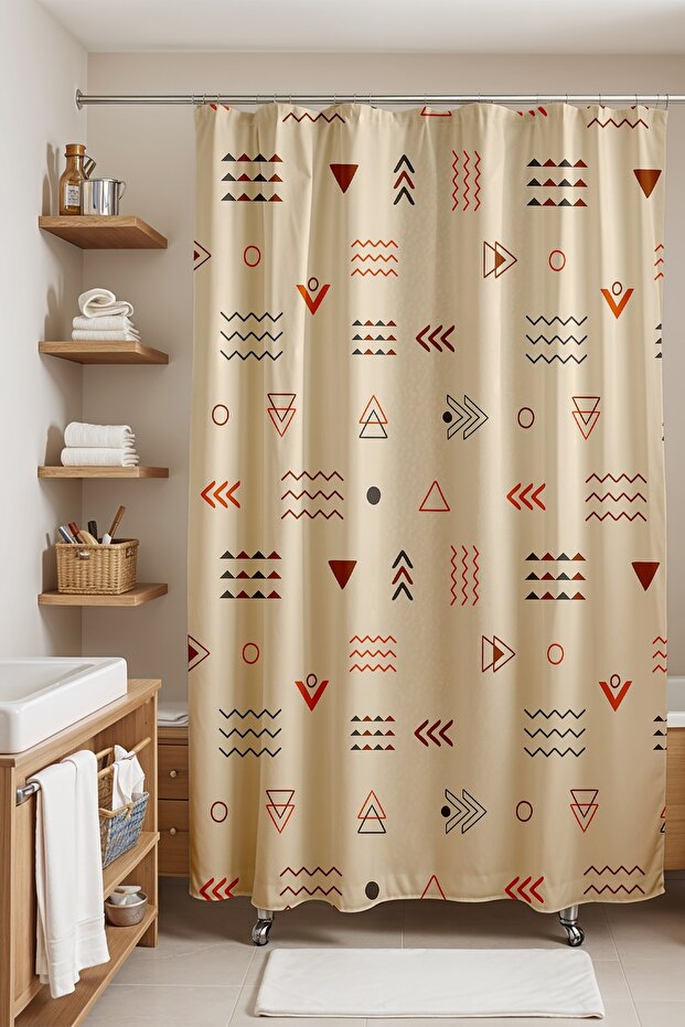 Bathroom Curtain, Geometric Orange Brown Shapes Patterned Shower Curtain, Bathtub Curtain 175X200Cm