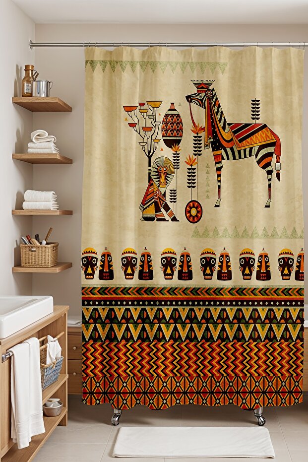 African Motif Monkey and Zebra Pattern Bathroom Curtain - Bathtub Curtain 175X200Cm