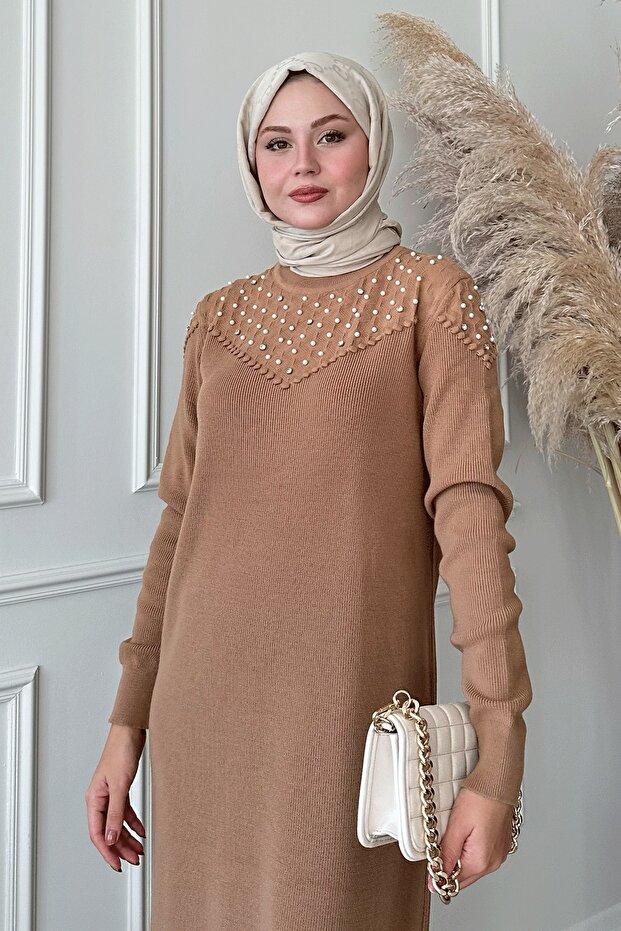 İncili Triko Elbise Camel - 5