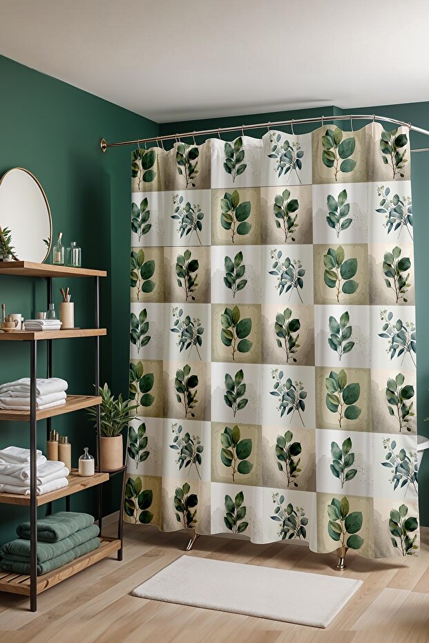 Bathroom Curtain, Plant World Checked Leaves Pattern Shower Curtain, Bathtub Curtain 175X200Cm