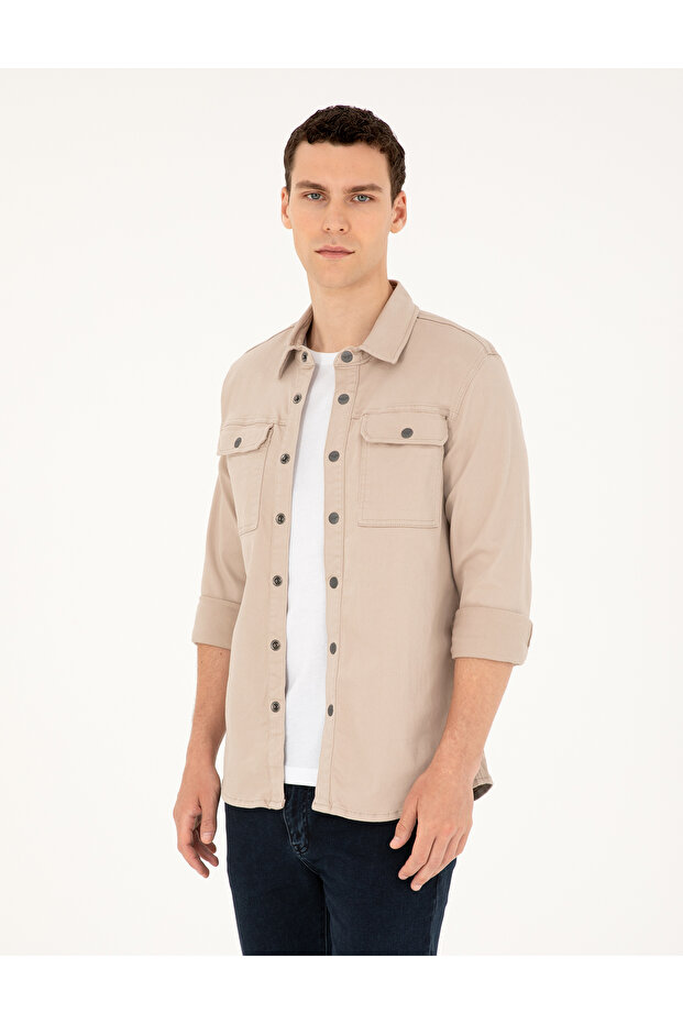 Beige Slim Fit Long Sleeve Jean Shirt 50288262-Vr011