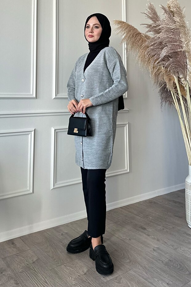 Basic Fitilli Gri Triko Hırka - 4