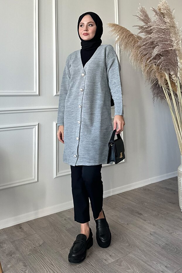 Basic Fitilli Gri Triko Hırka - 3