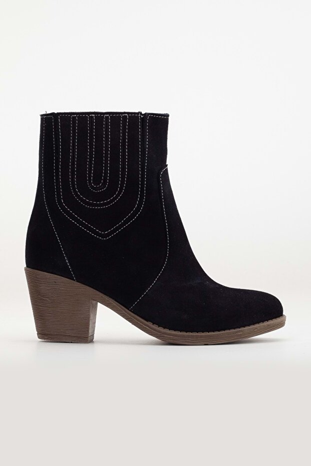 Women's Genuine Leather Stitching Detailed Elastic Suede Cowboy Heeled Boots - Navy Blue Suede