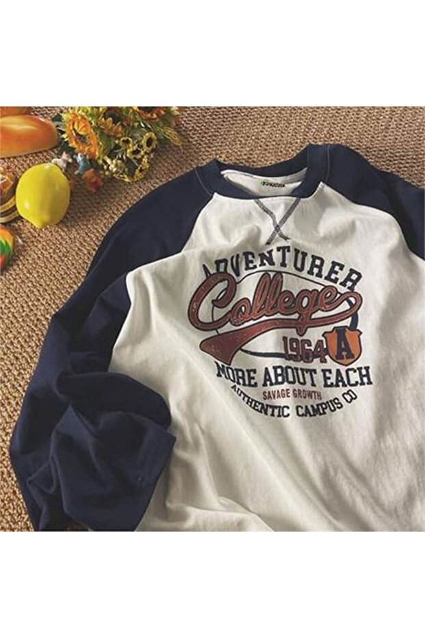 Navy Raglan Sleeve Slim Fabric Adventure College White Unisex Long Sleeve