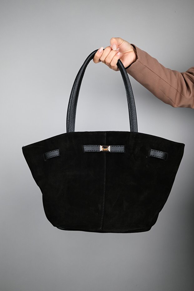 Celona Black Genuine Suede Leather Women's Shoulder Bag