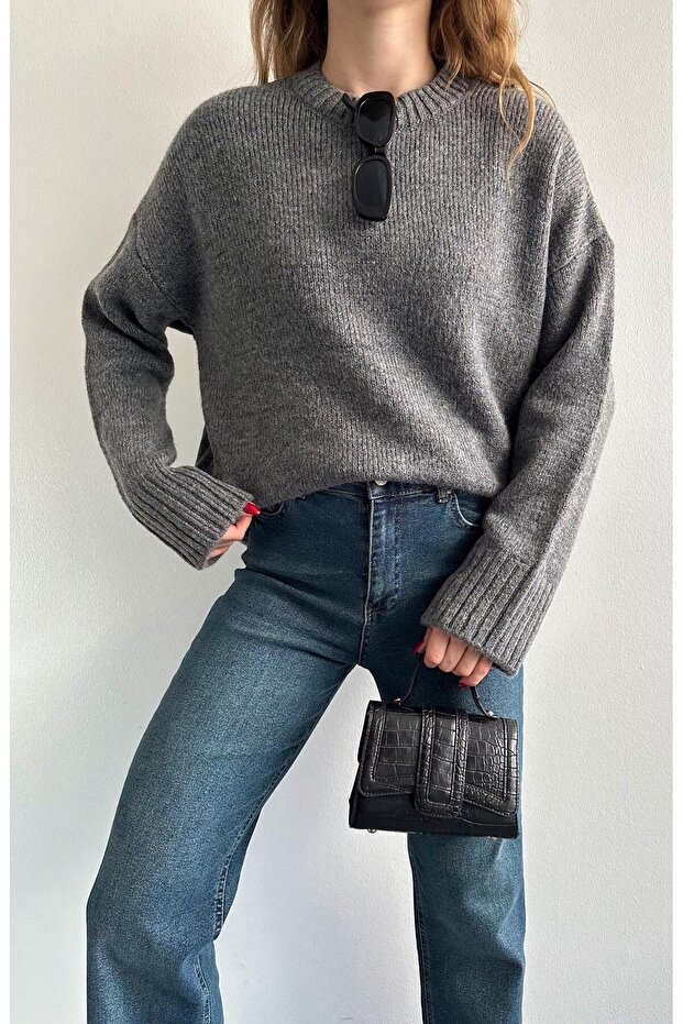 Bisiklet Yaka Oversize Kazak ANTRASİT - 7