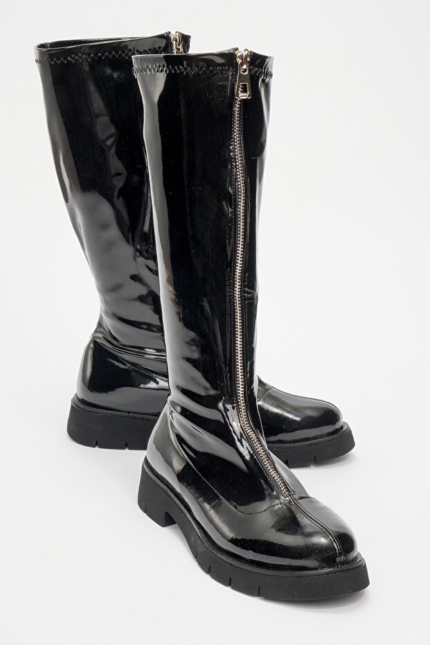 Reus Black Patent Leather Front Zipper Women's Boots