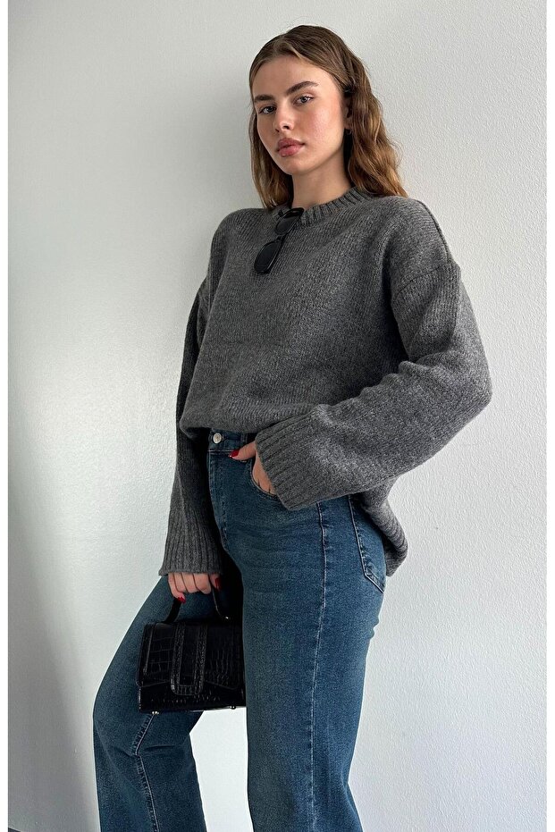 Bisiklet Yaka Oversize Kazak ANTRASİT - 6