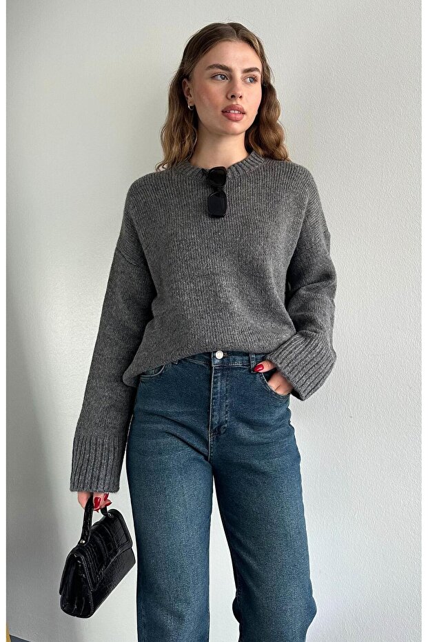 Bisiklet Yaka Oversize Kazak ANTRASİT - 5