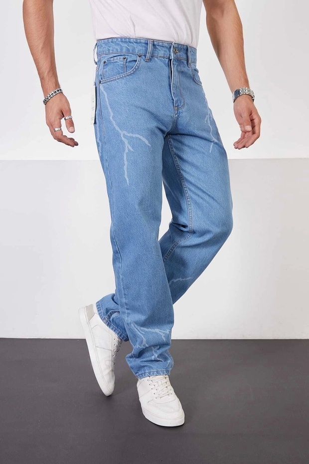 Ice Blue Baggy Pants Lightning-Lightning Pattern Laser Print Oversize Baggy Jeans Normal Waist - 3