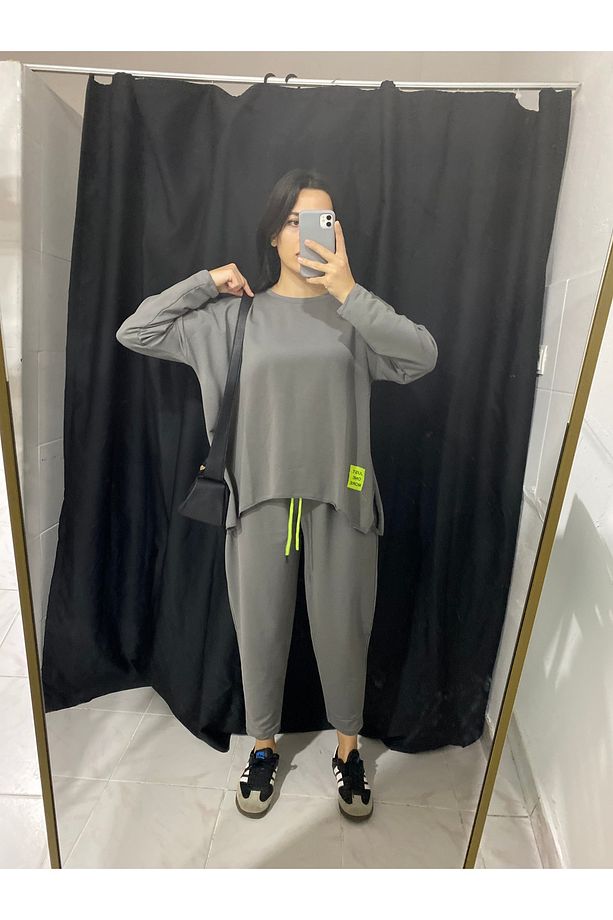 Neon Logolu Gri Modal Oversize Tunik Eşofman Takım(pamuklanma yapmaz) - 1