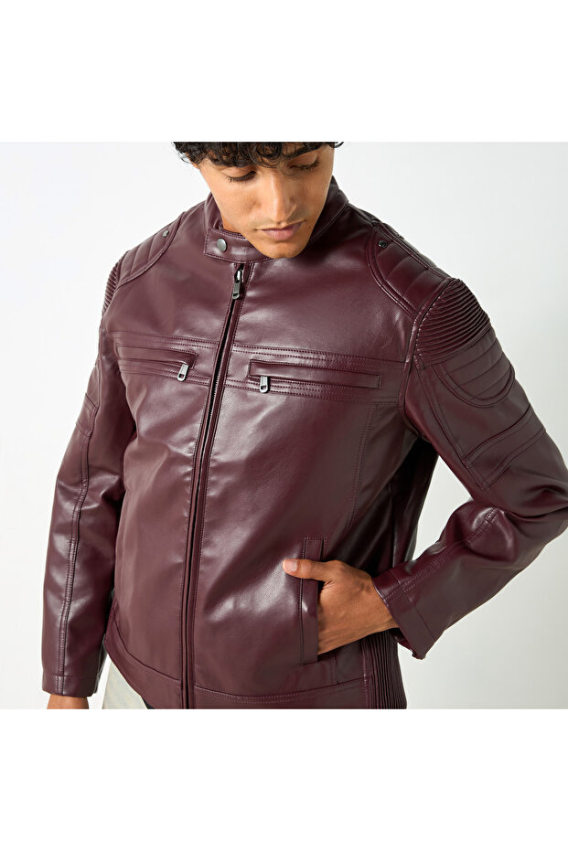 سترة راكبي الدراجات النارية ذات السحاب الصلب مع جيوب - 4