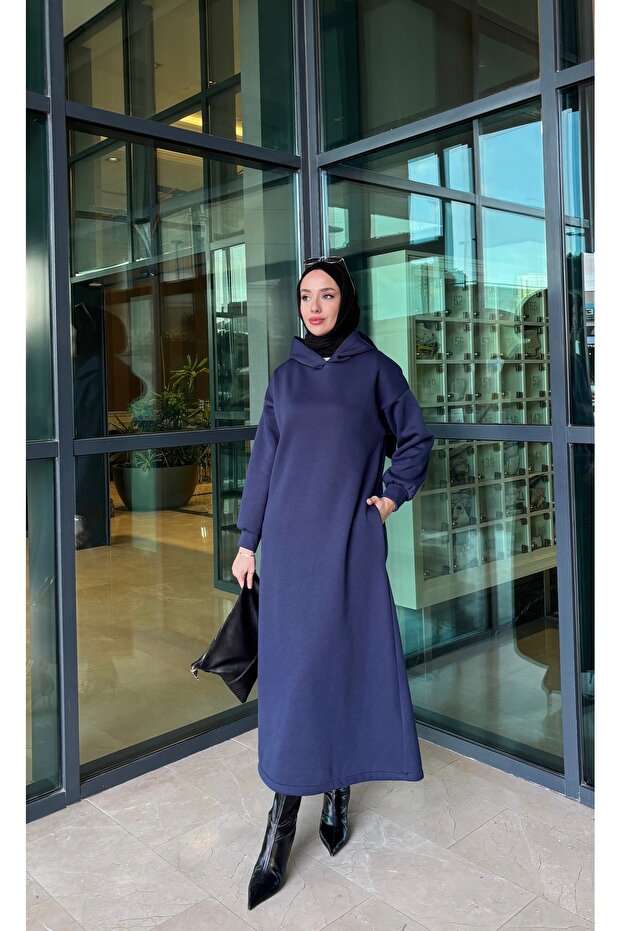 Kapuşonlu 3 İplik Sweat Elbise - 5